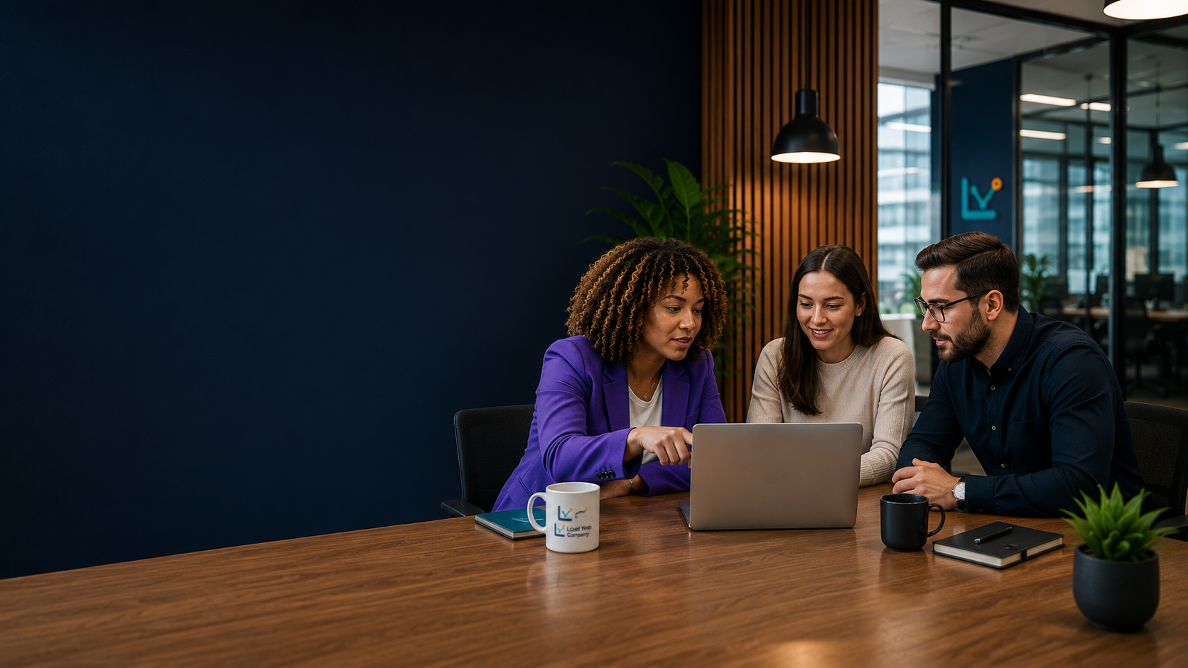Three Local Web Company team members reviewing a client website together on a laptop